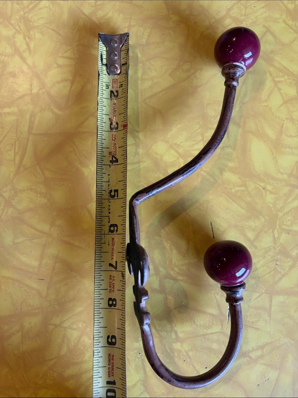 Source Unknown Metal Wall Hook with Deep Red Ceramic Knobs